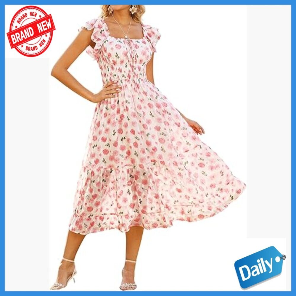 Floral Midi Dress Square Neck Ruffle Sleeves Smocked Waist A-Line Formal Casual
